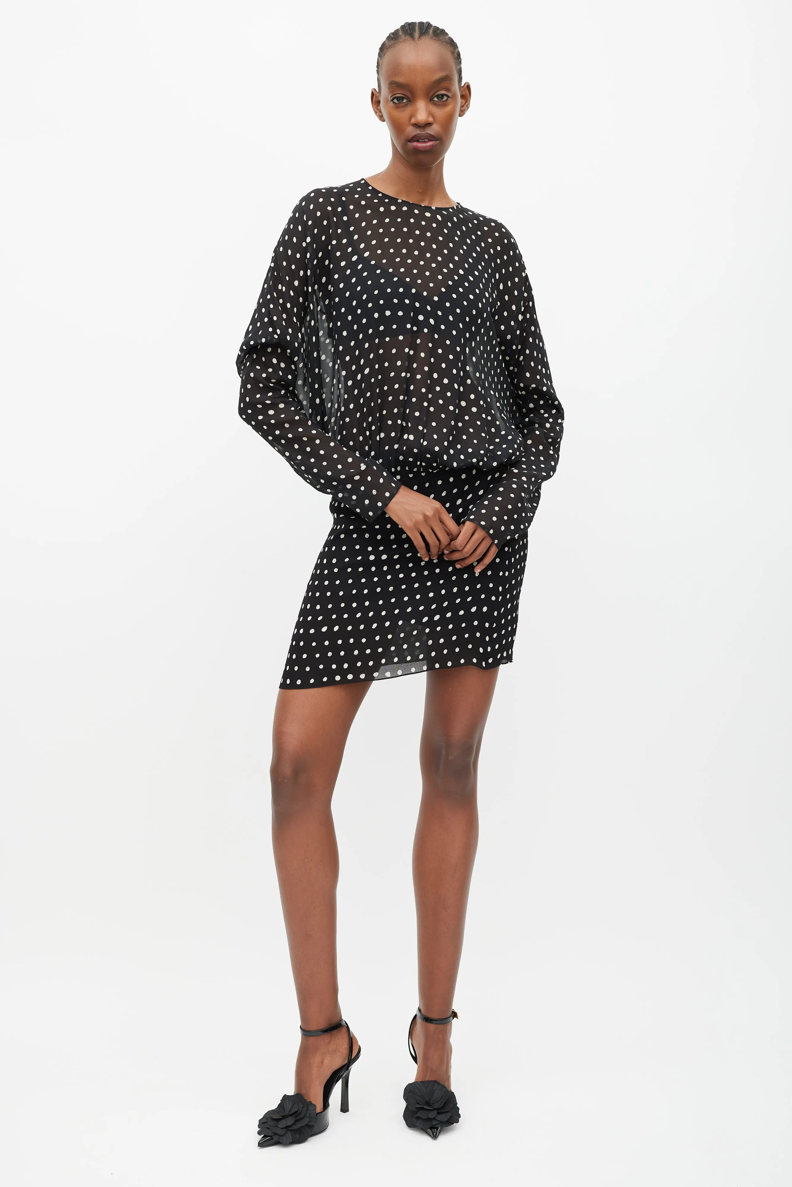 Black & White Silk Sheer Polka Dot Dress