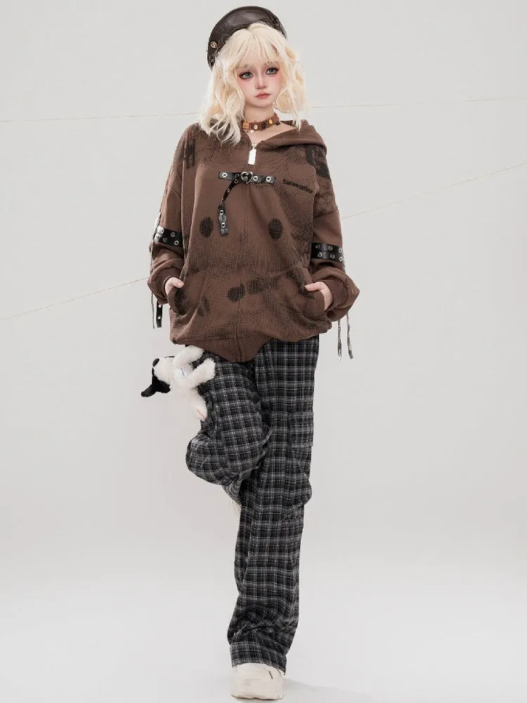 Black Plaid Pattern Cargo Pockets Design Straight-leg Cut Pants