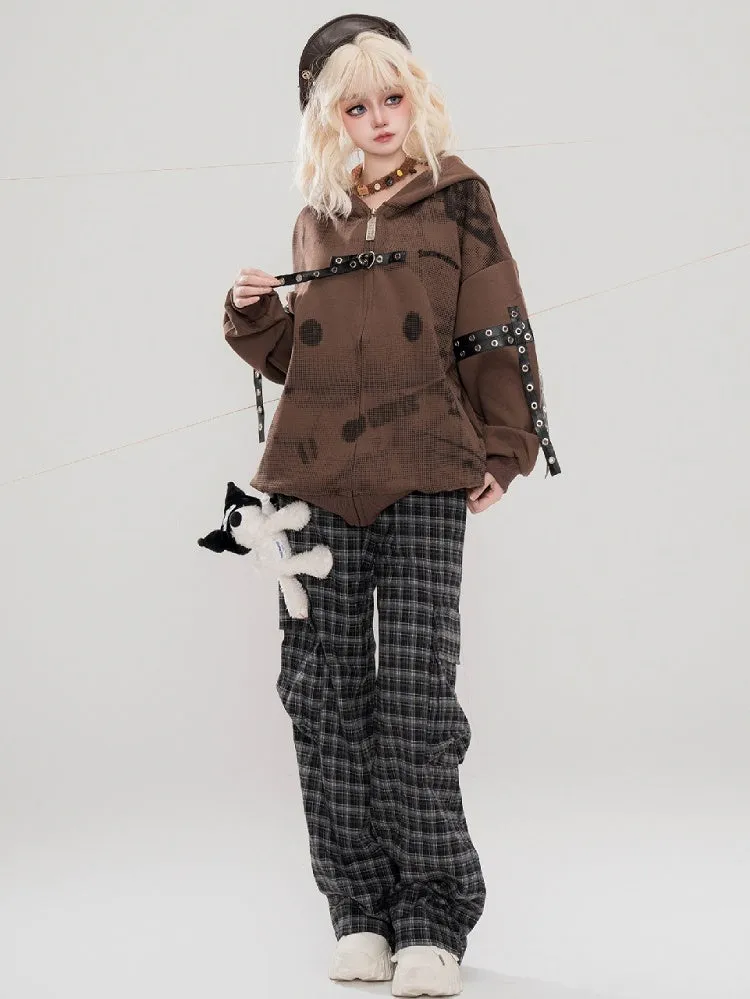Black Plaid Pattern Cargo Pockets Design Straight-leg Cut Pants