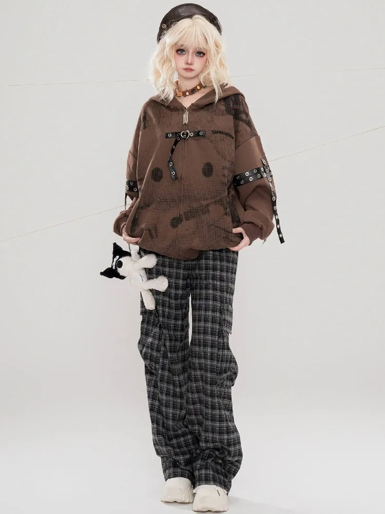 Black Plaid Pattern Cargo Pockets Design Straight-leg Cut Pants