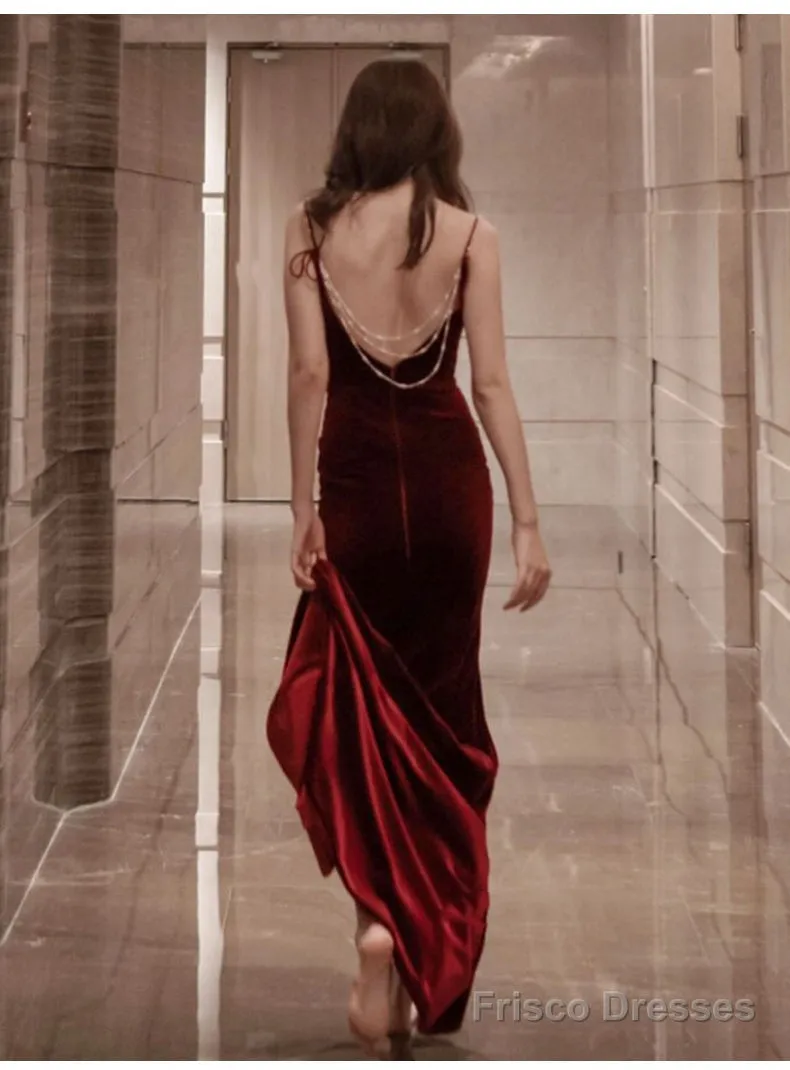 Burgundy Velvet Floor Length Mermaid Prom Dress, Velvet Bridesmaid Dresses
