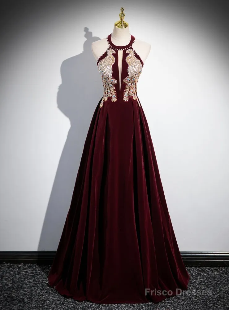 Burgundy Velvet Halter Beading Sequins Prom Dress
