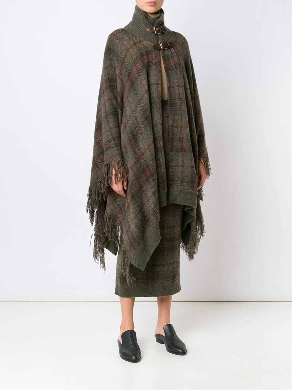 checked fringed poncho