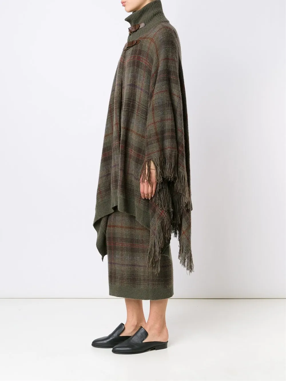 checked fringed poncho