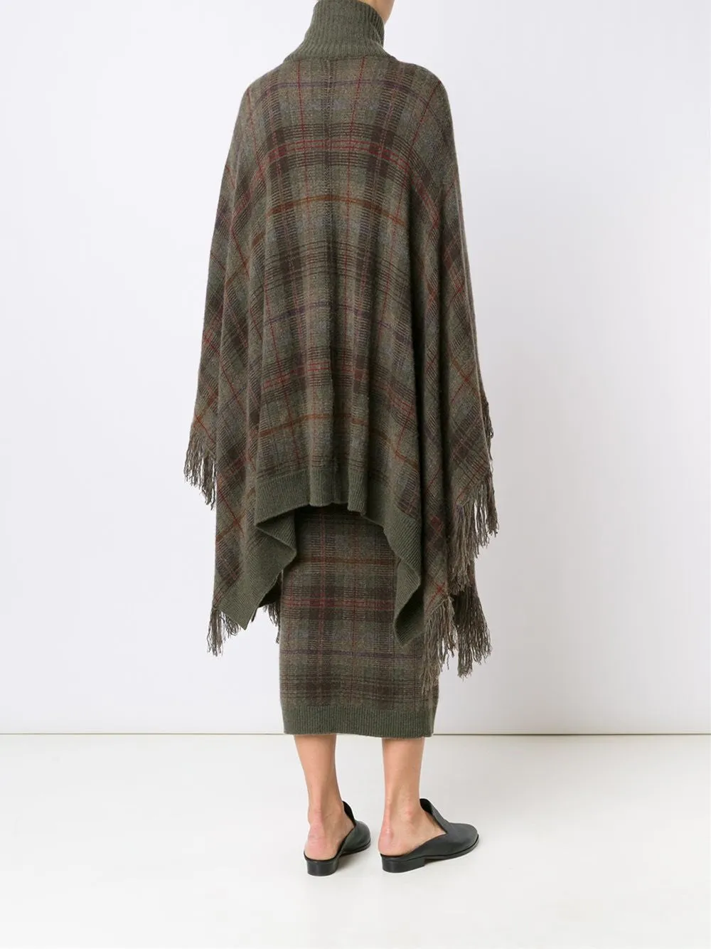checked fringed poncho