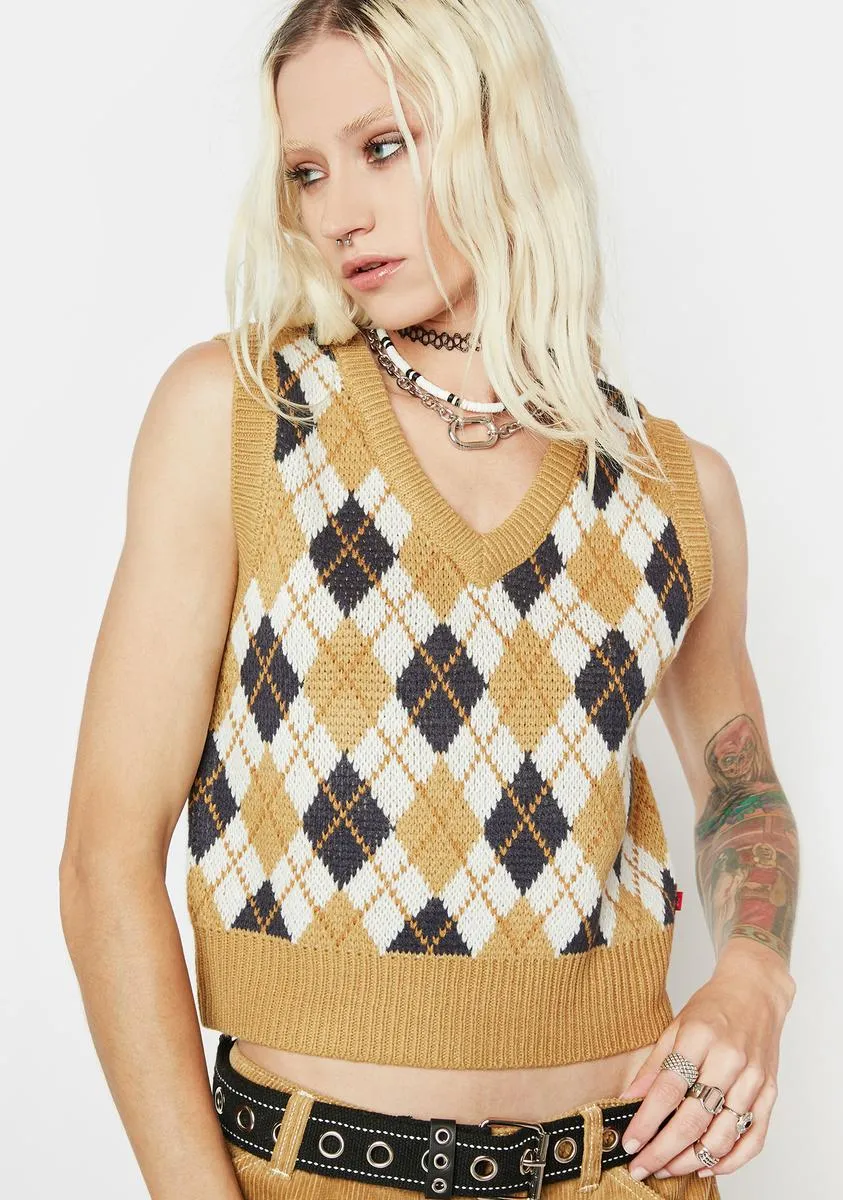 Cream Argyle V-Neck Sweater Vest