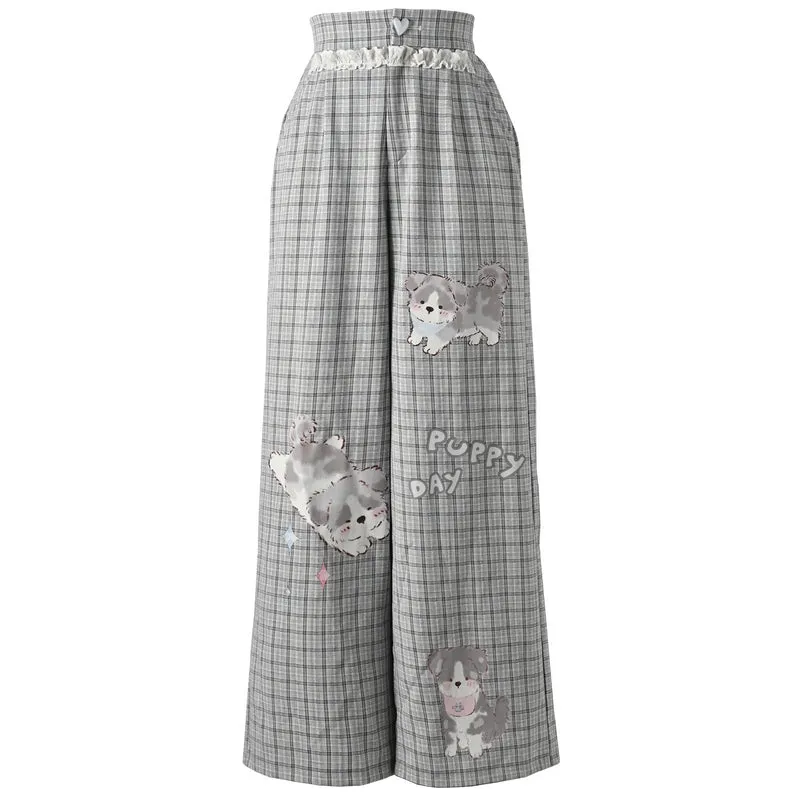 Cute Puppy Print Gray Plaid Pants