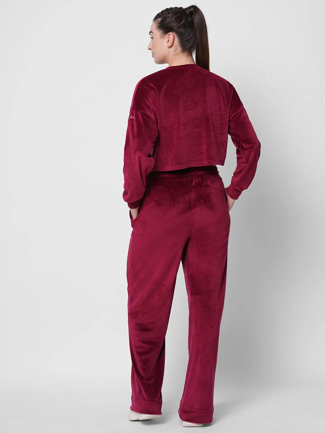fitkin women maroon velvet relaxed fit loose pants co-ord tracksuit