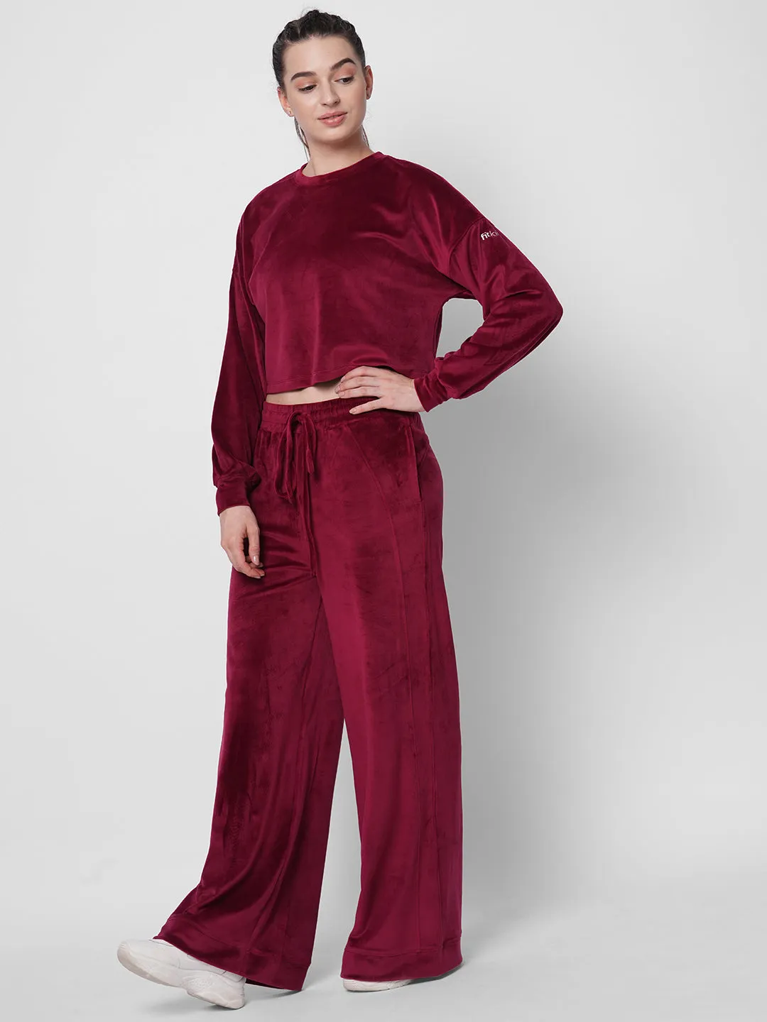 fitkin women maroon velvet relaxed fit loose pants co-ord tracksuit