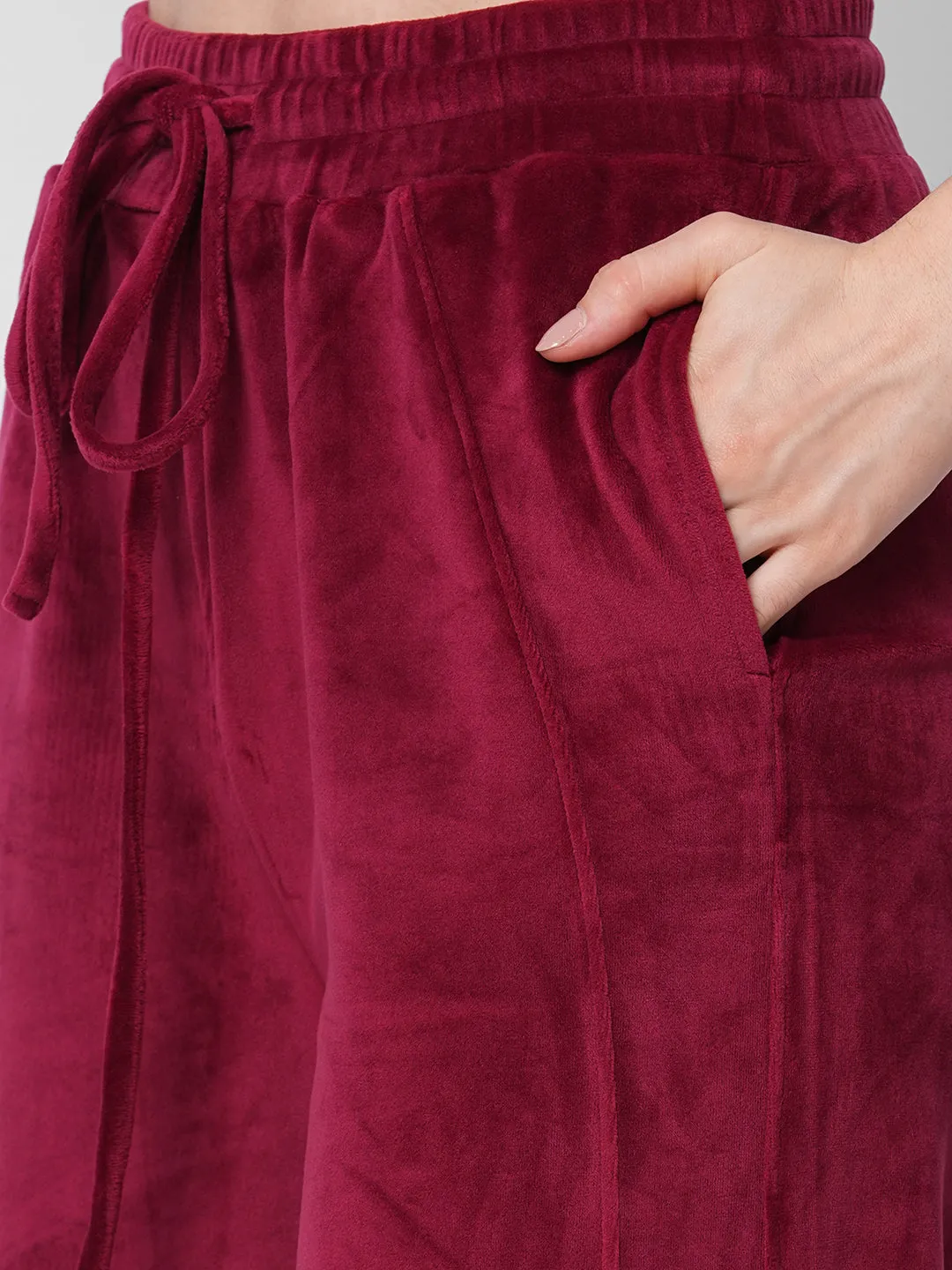 fitkin women maroon velvet relaxed fit loose pants co-ord tracksuit