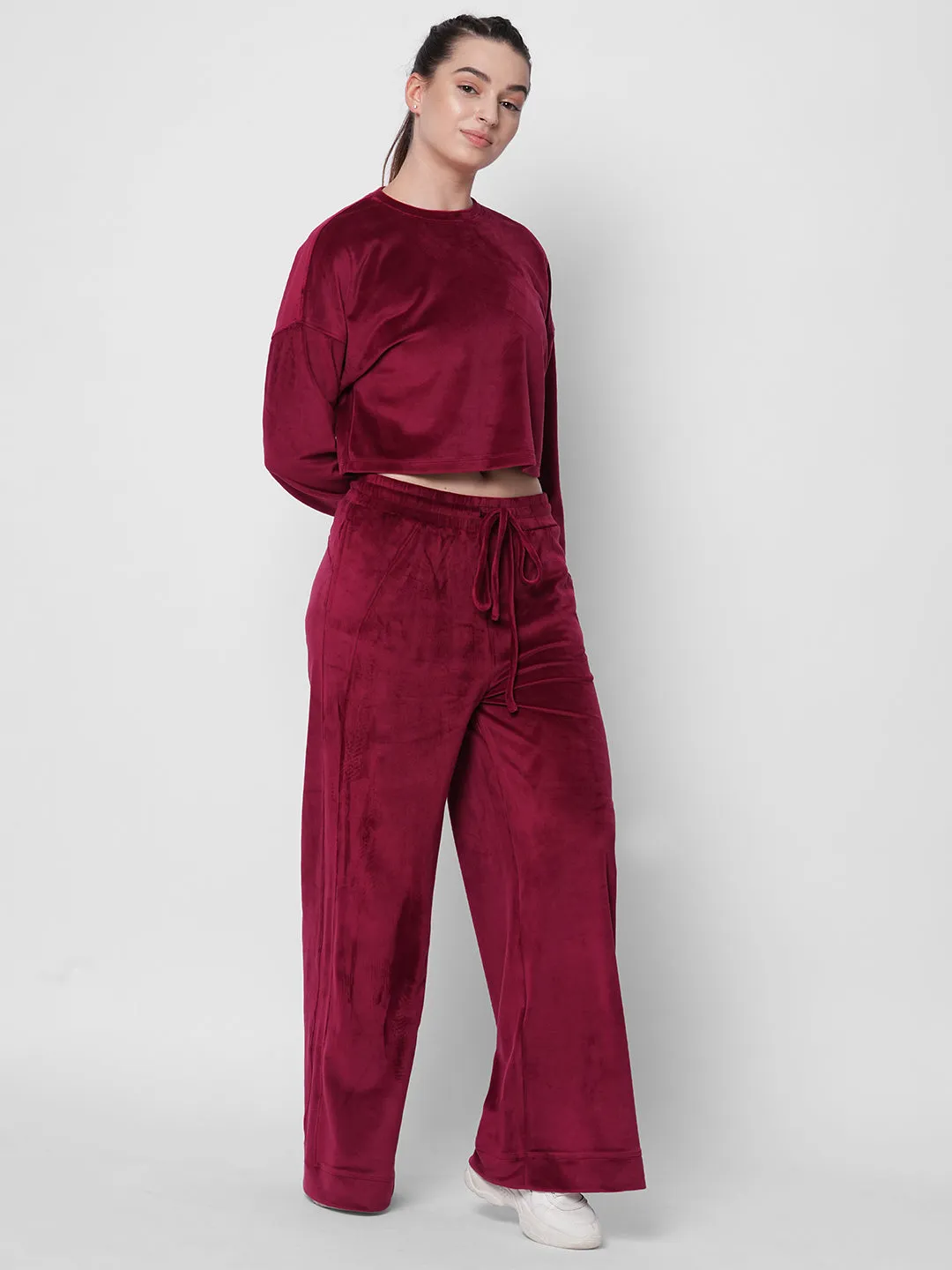 fitkin women maroon velvet relaxed fit loose pants co-ord tracksuit