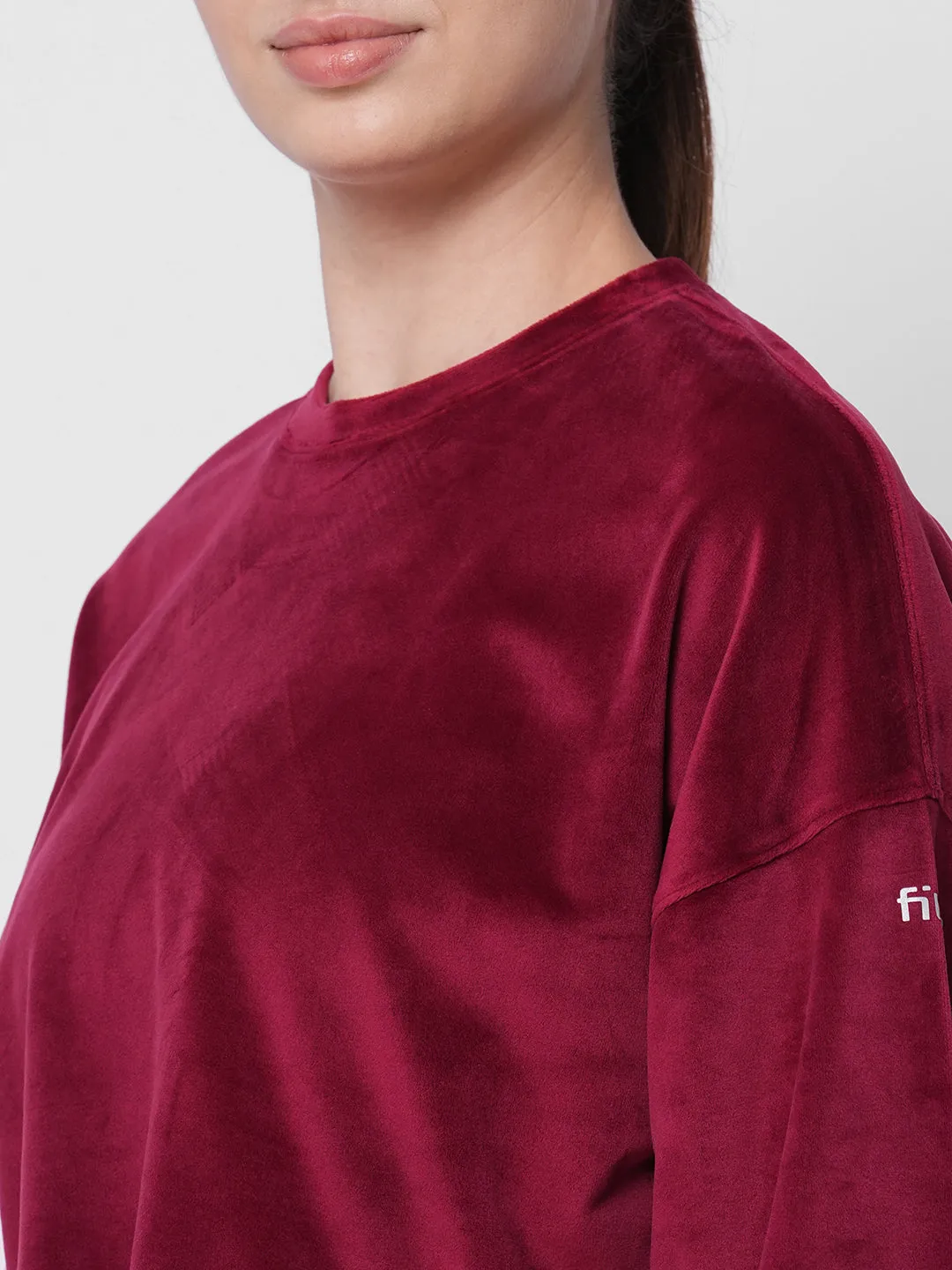 fitkin women maroon velvet relaxed fit loose pants co-ord tracksuit