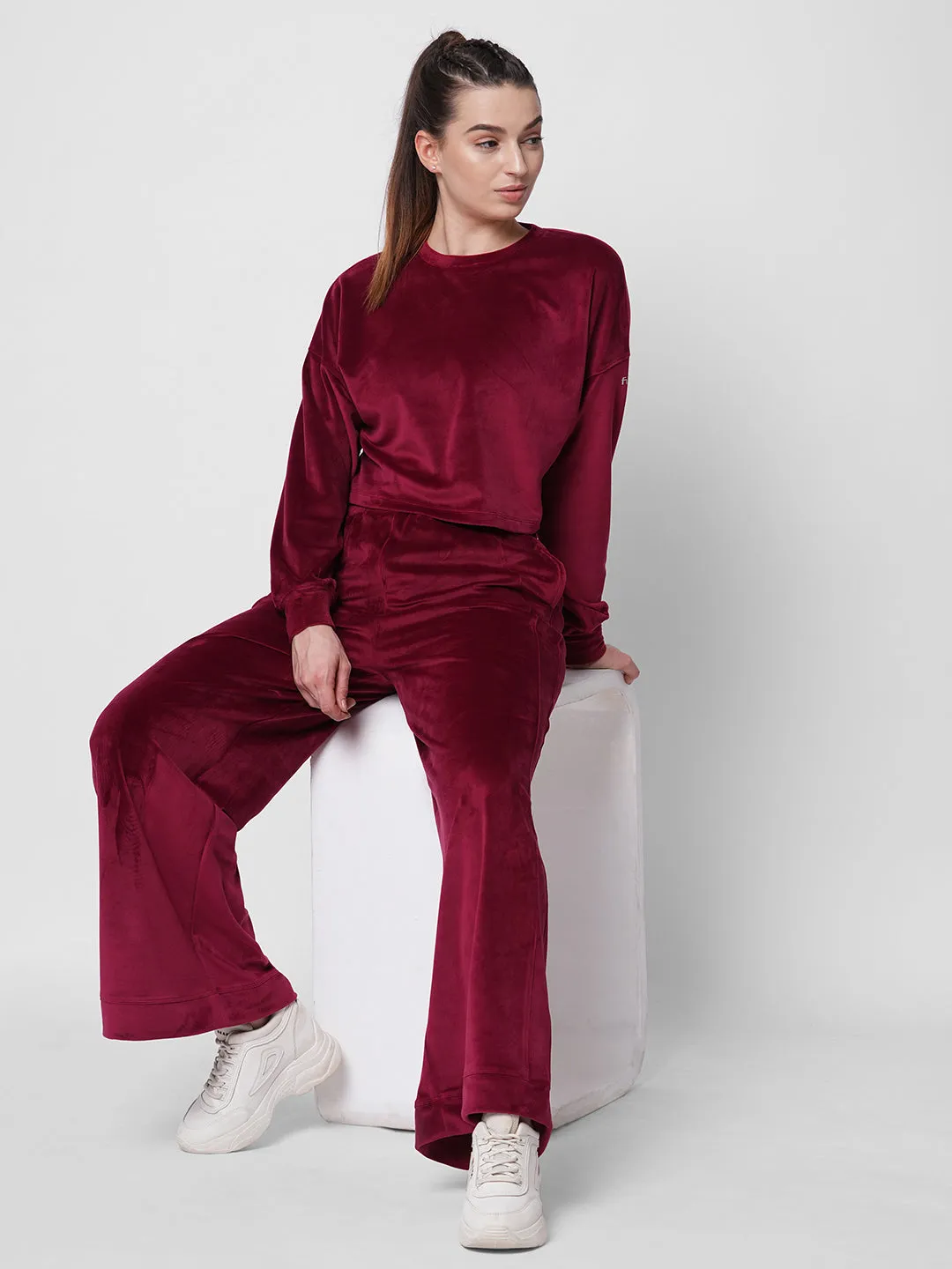 fitkin women maroon velvet relaxed fit loose pants co-ord tracksuit