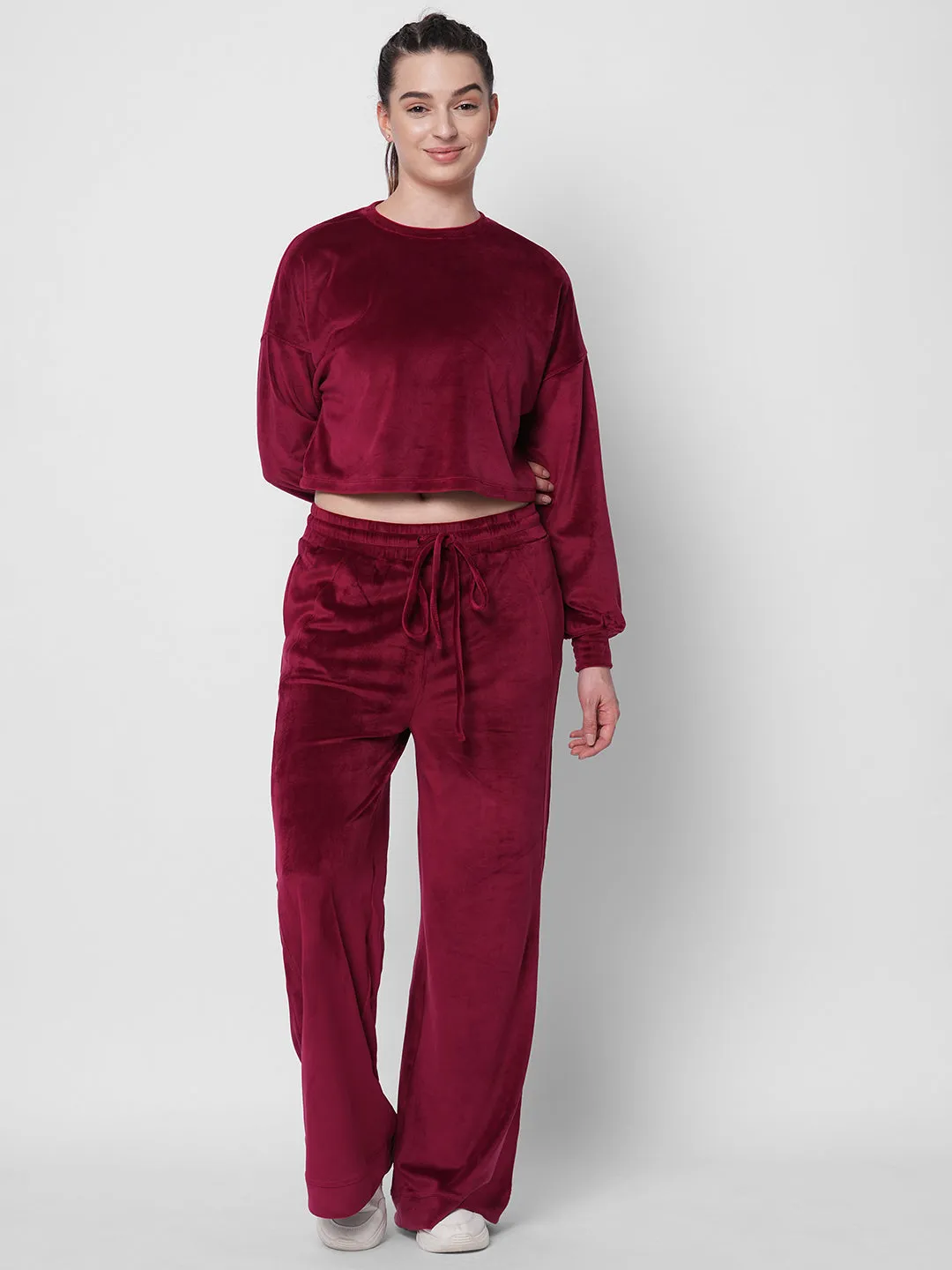 fitkin women maroon velvet relaxed fit loose pants co-ord tracksuit