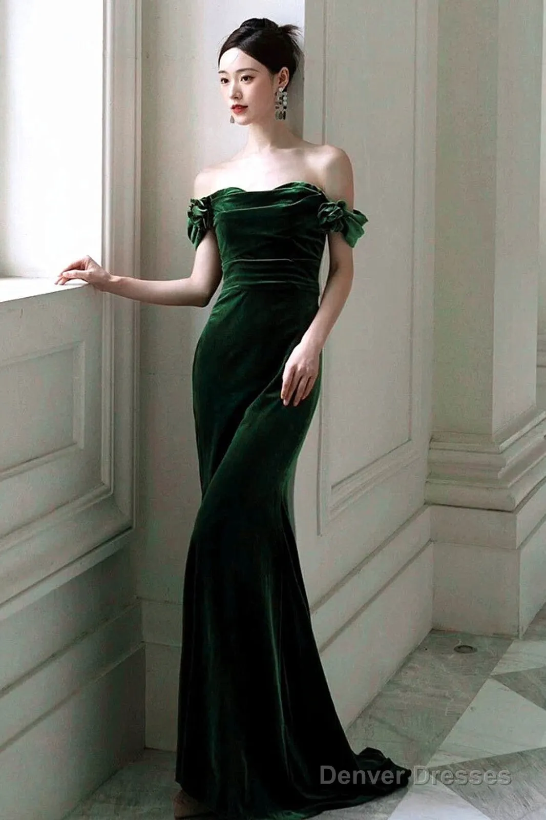 Green Mermaid Velvet Long Wedding Party Dress, Green Velvet Sweetheart Prom Dress