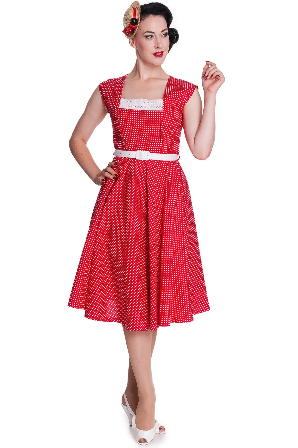 Hell Bunny 50's Vintage Style Country Girl Polka Dot Square Neck Flare Party Dress