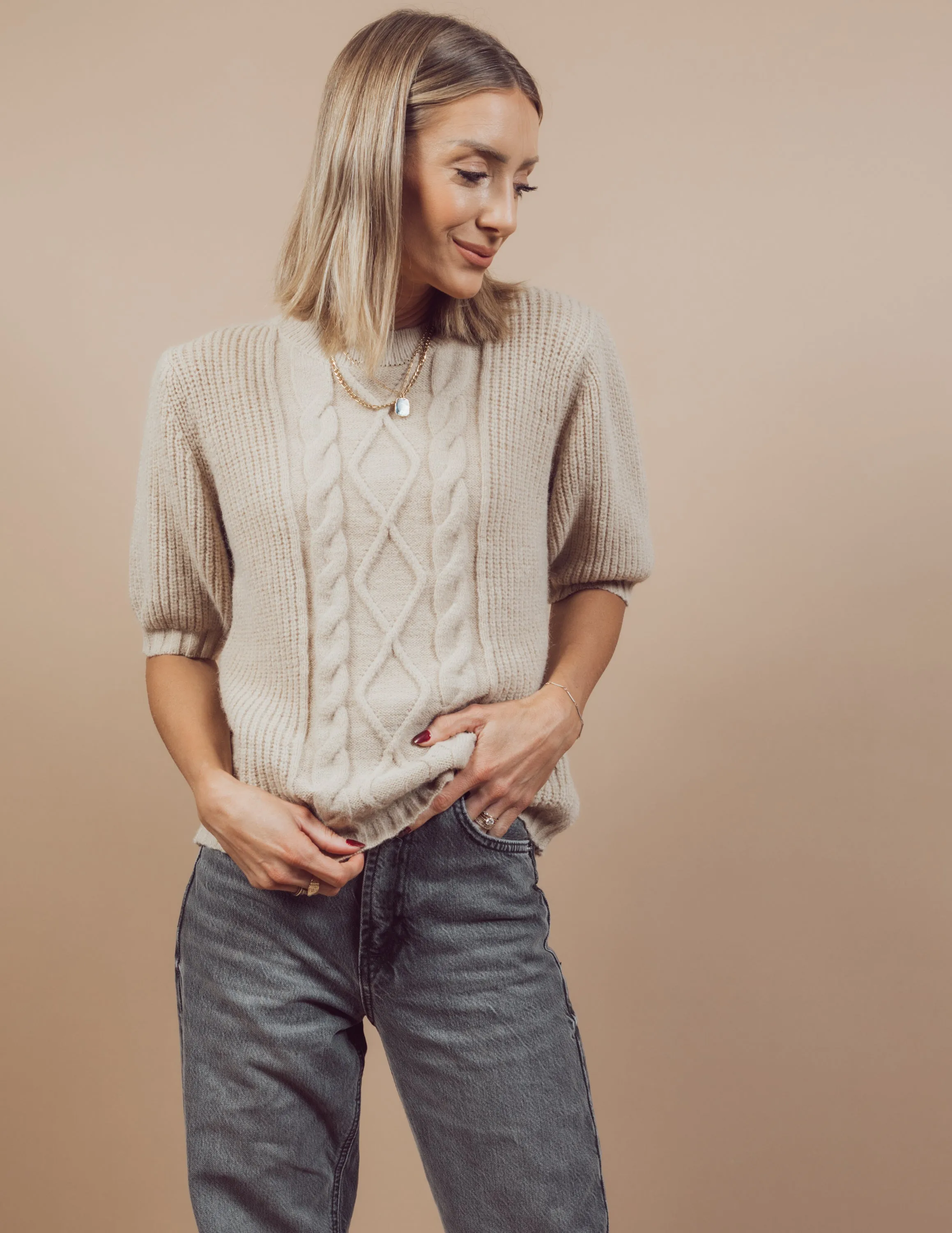 Jelena Cable Knit Short Sleeve Sweater