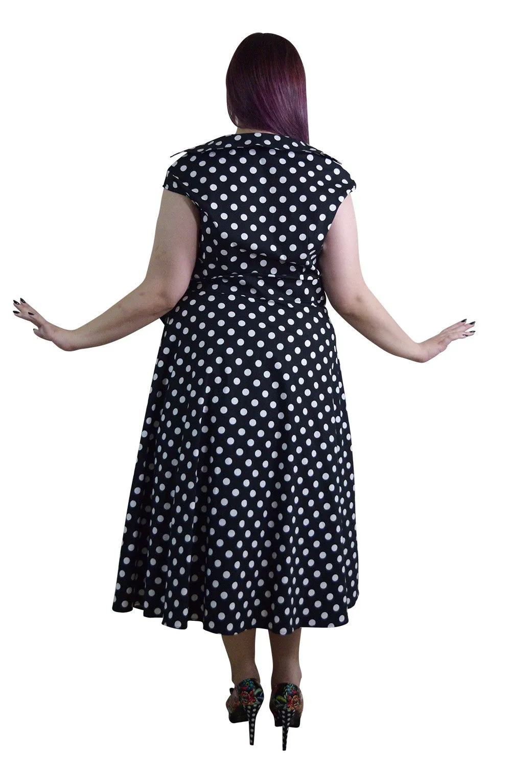 Plus Size 60's Vintage black and white polka Dot Belted Bow Swing Party Dress