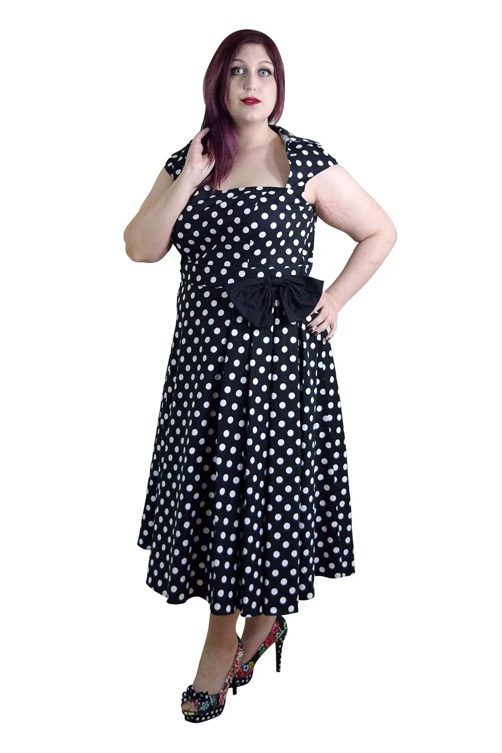 Plus Size 60's Vintage black and white polka Dot Belted Bow Swing Party Dress