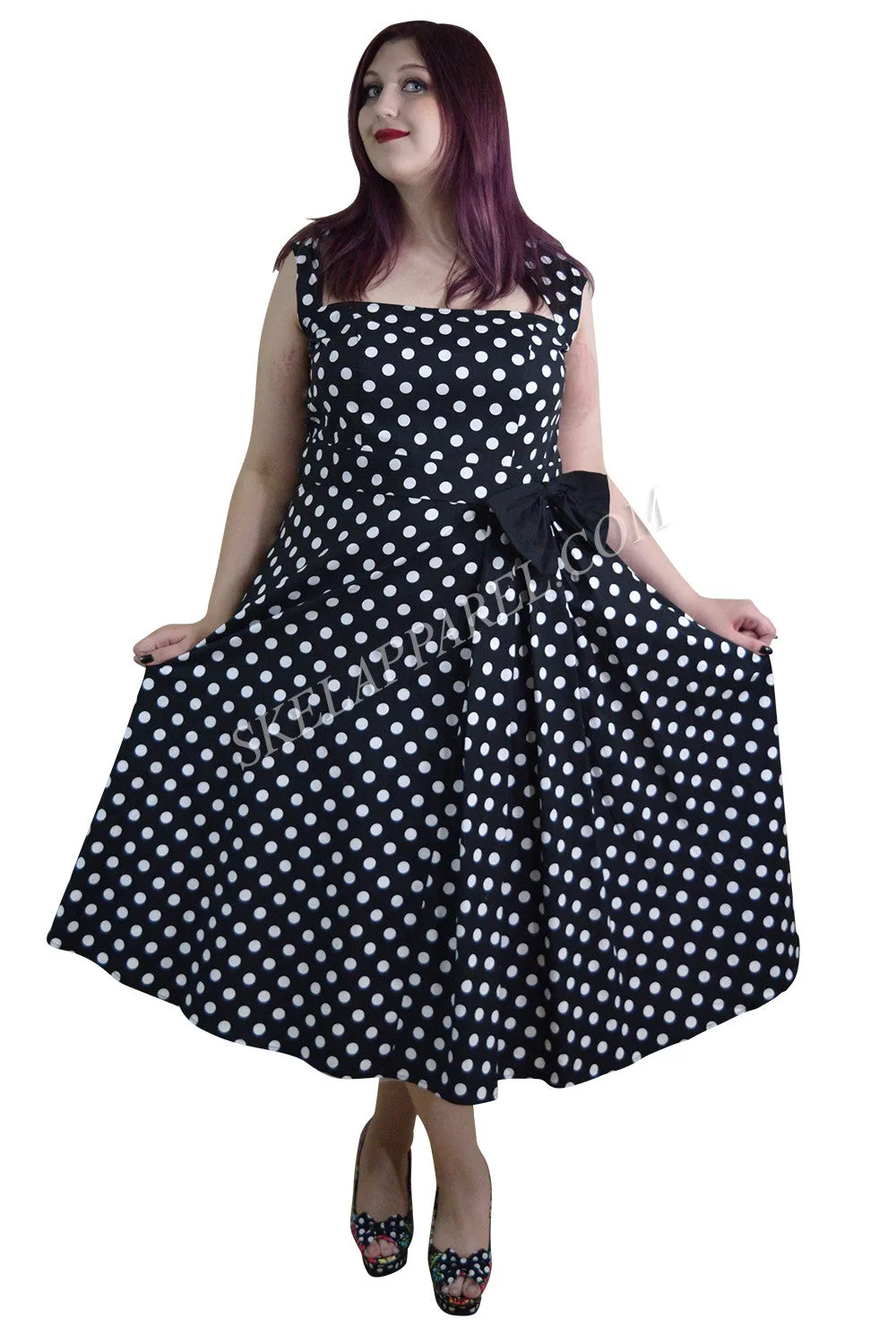 Plus Size 60's Vintage black and white polka Dot Belted Bow Swing Party Dress
