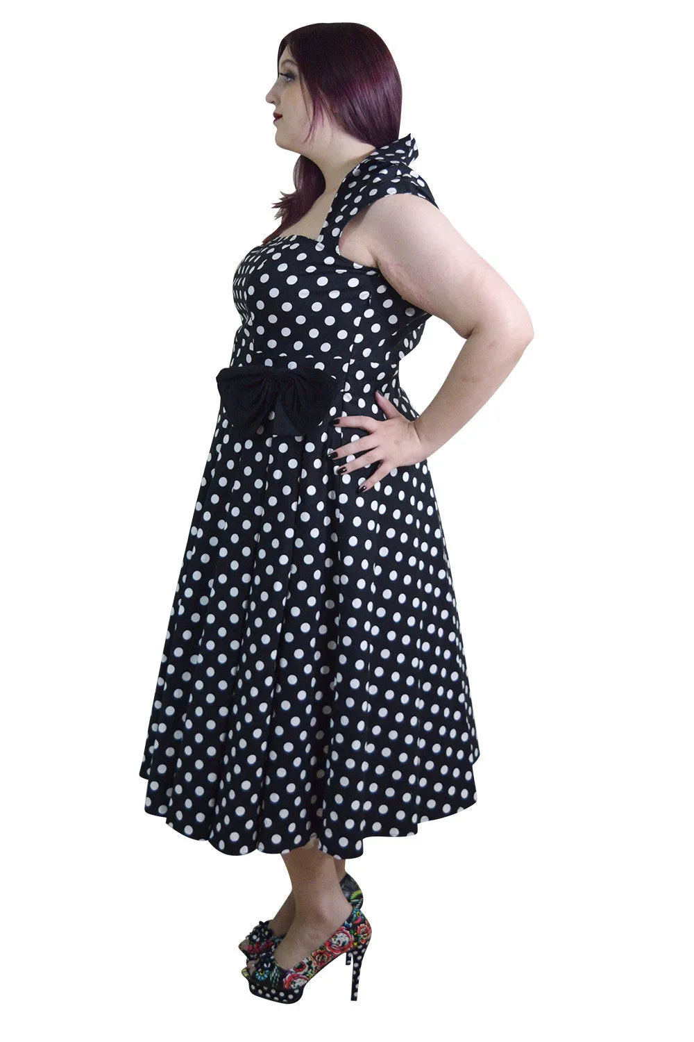 Plus Size 60's Vintage black and white polka Dot Belted Bow Swing Party Dress