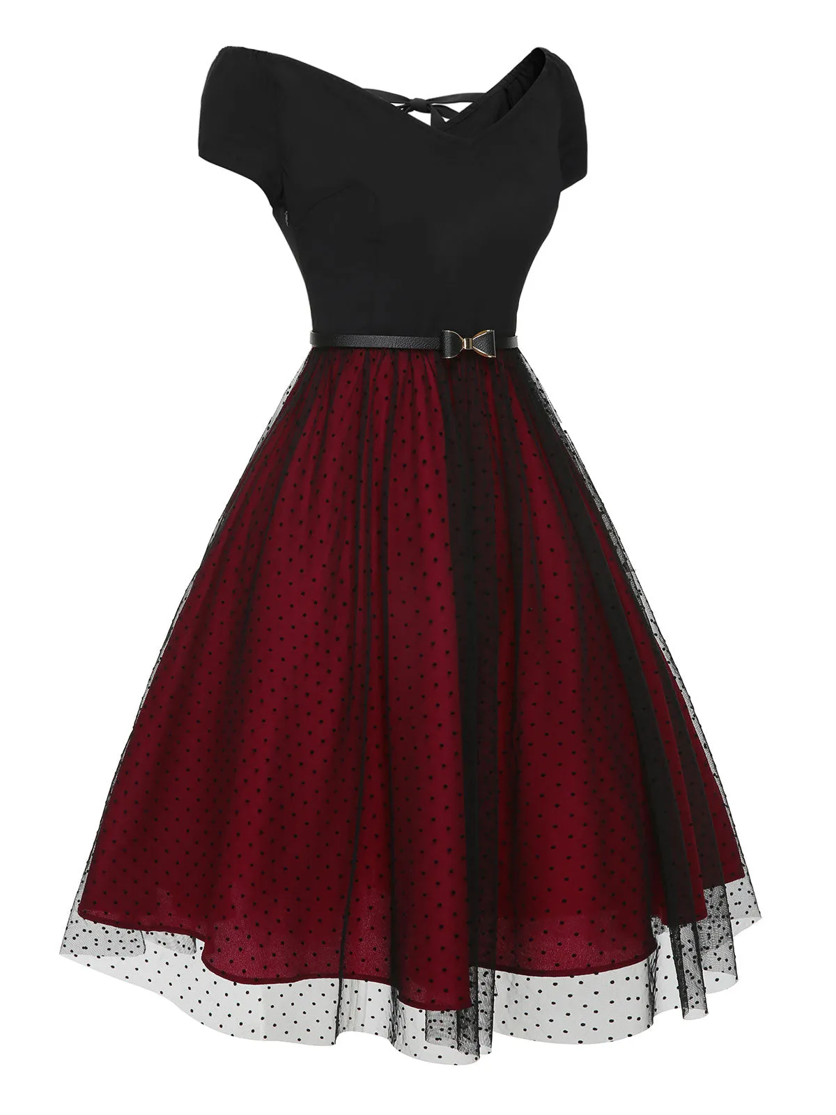 [Pre-Sale] Brown 1950s Polka Dots Drop Shoulder Belt Dress