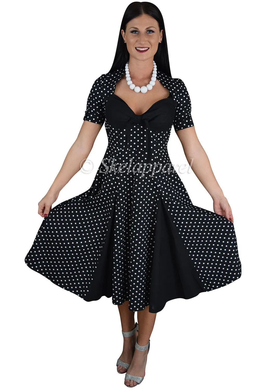 Retro Vintage Inspired Polka Dot Black Party Swing Dress - Black