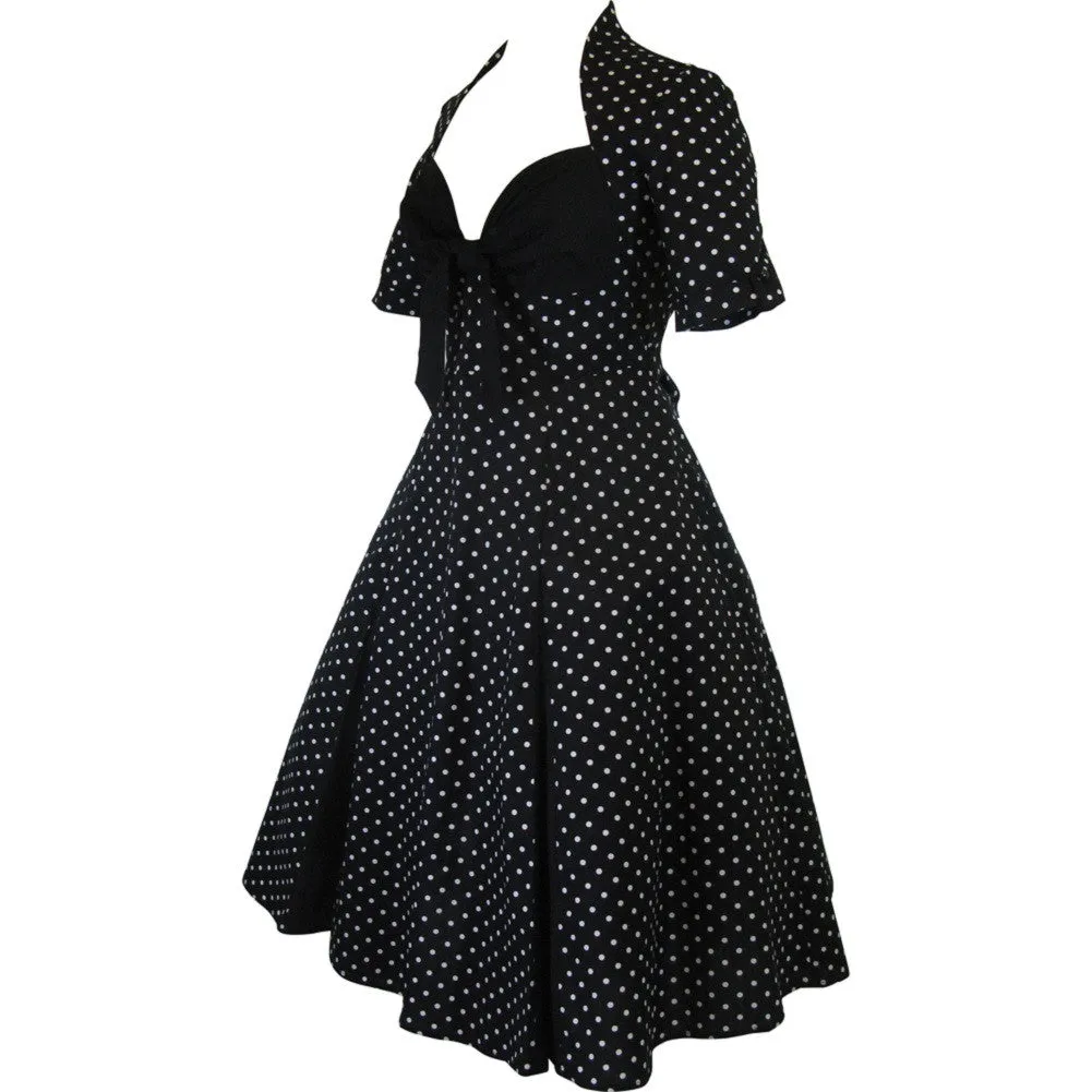 Retro Vintage Inspired Polka Dot Black Party Swing Dress - Black