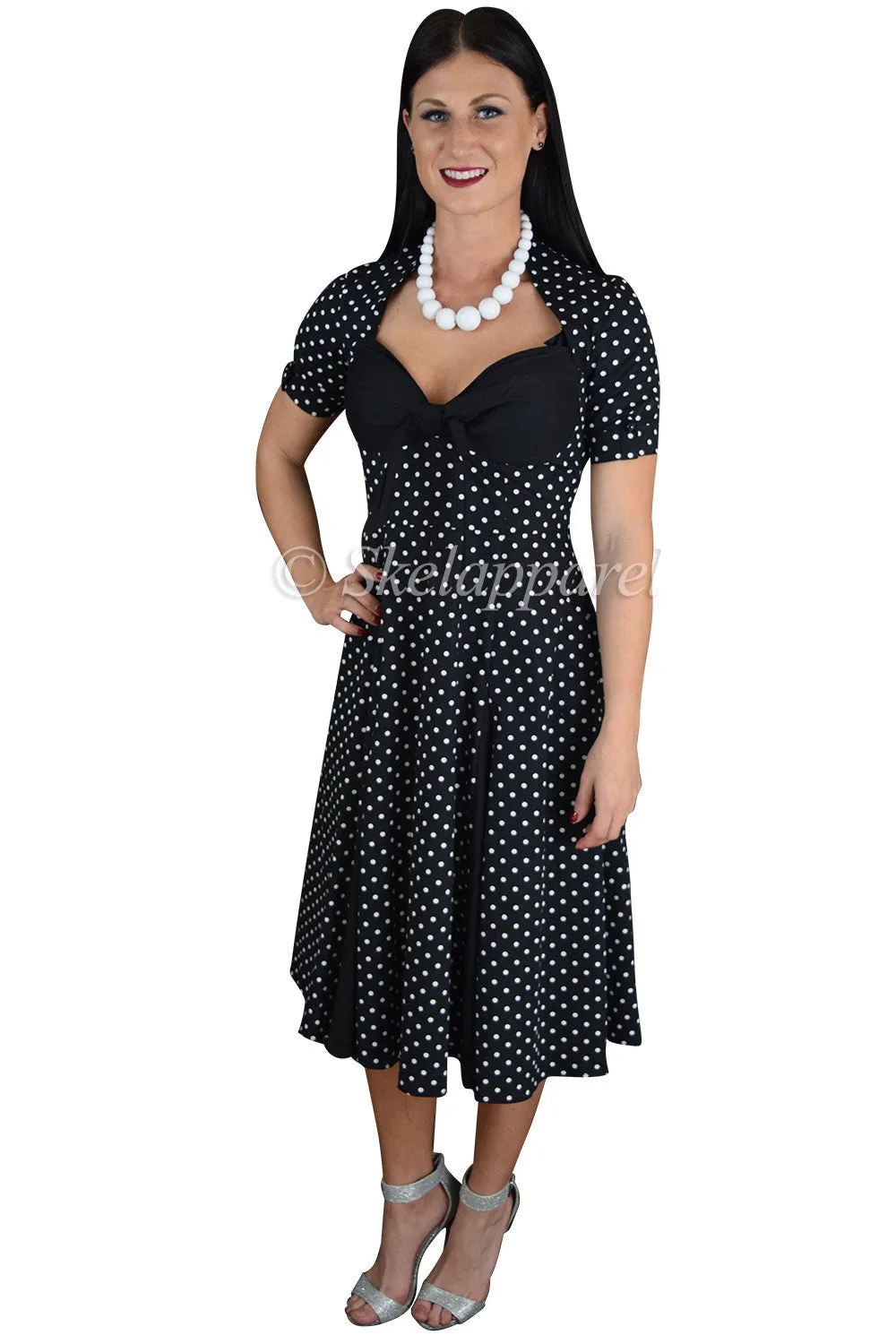 Retro Vintage Inspired Polka Dot Black Party Swing Dress - Black