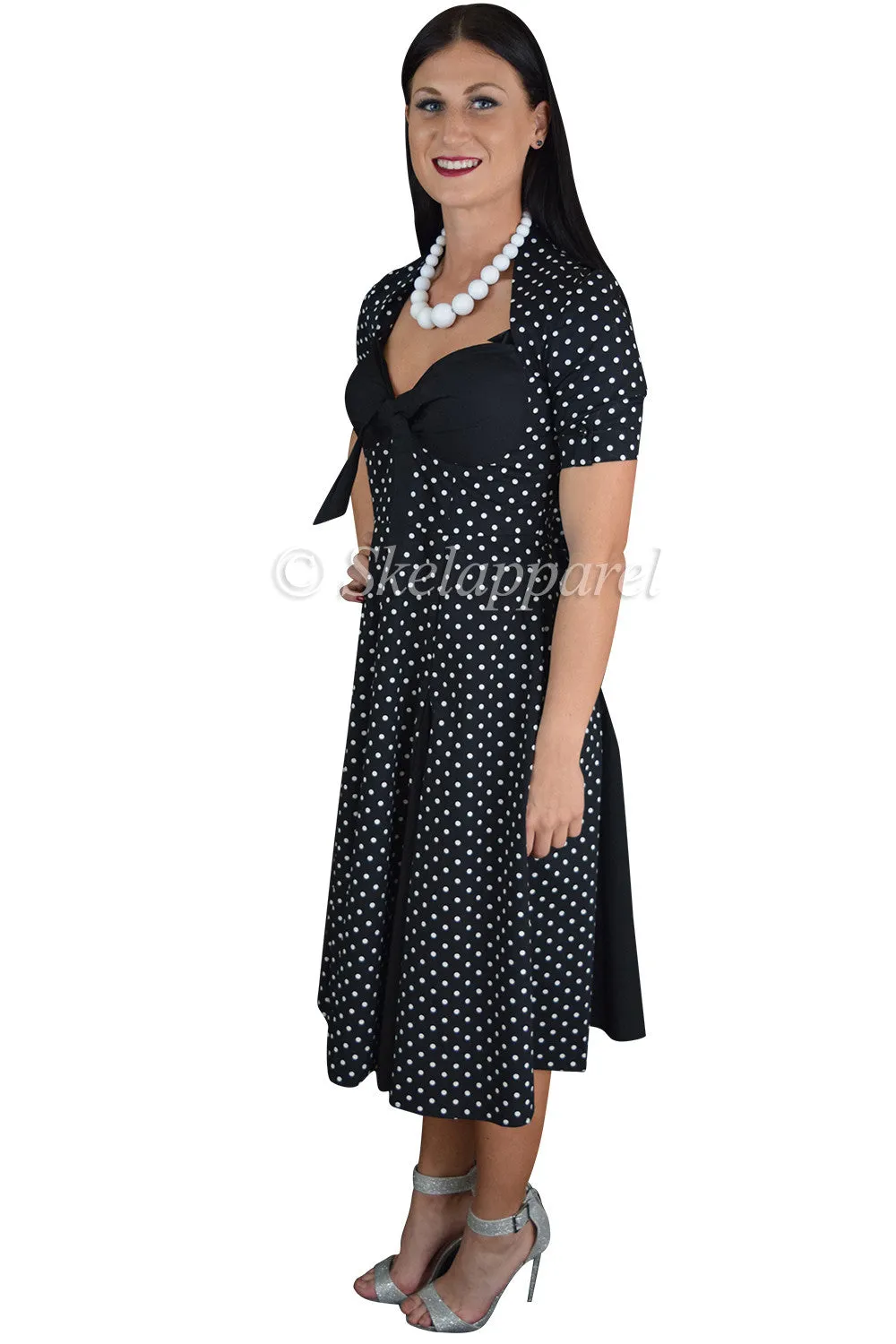 Retro Vintage Inspired Polka Dot Black Party Swing Dress - Black