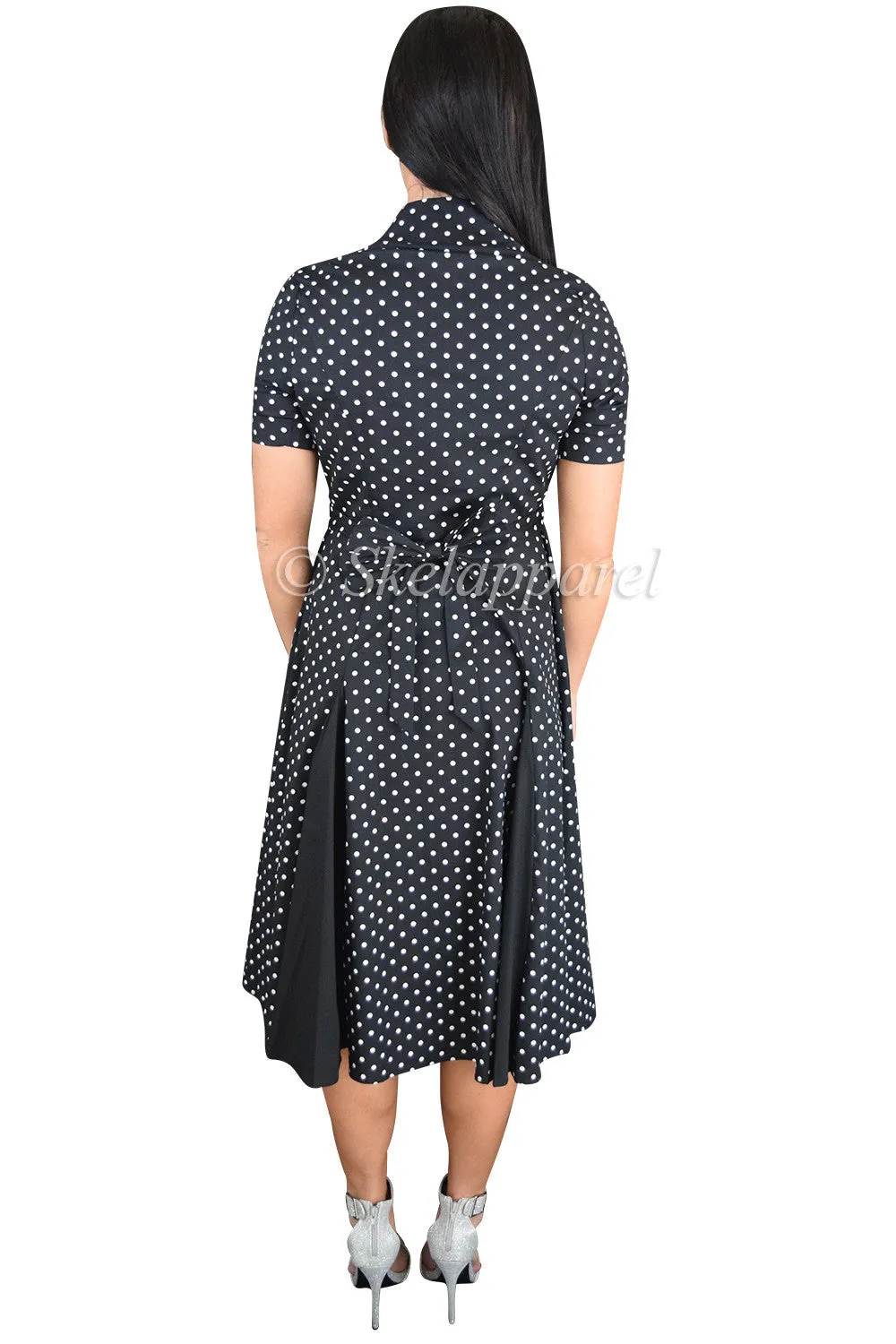 Retro Vintage Inspired Polka Dot Black Party Swing Dress - Black