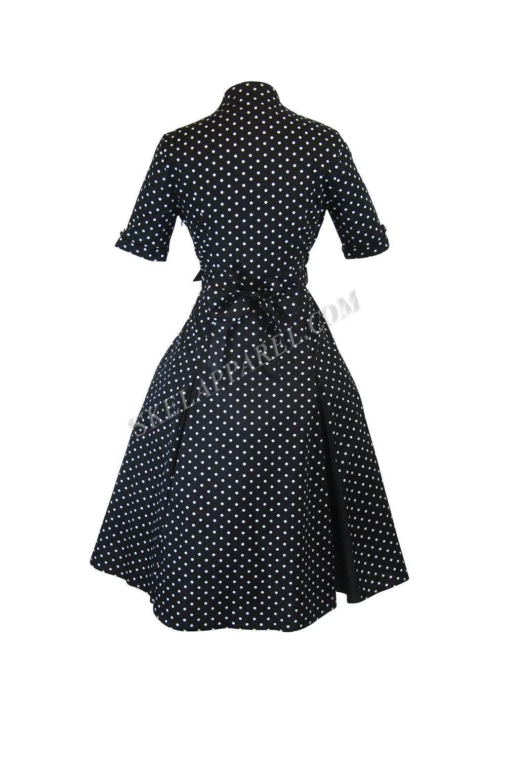 Retro Vintage Inspired Polka Dot Black Party Swing Dress - Black
