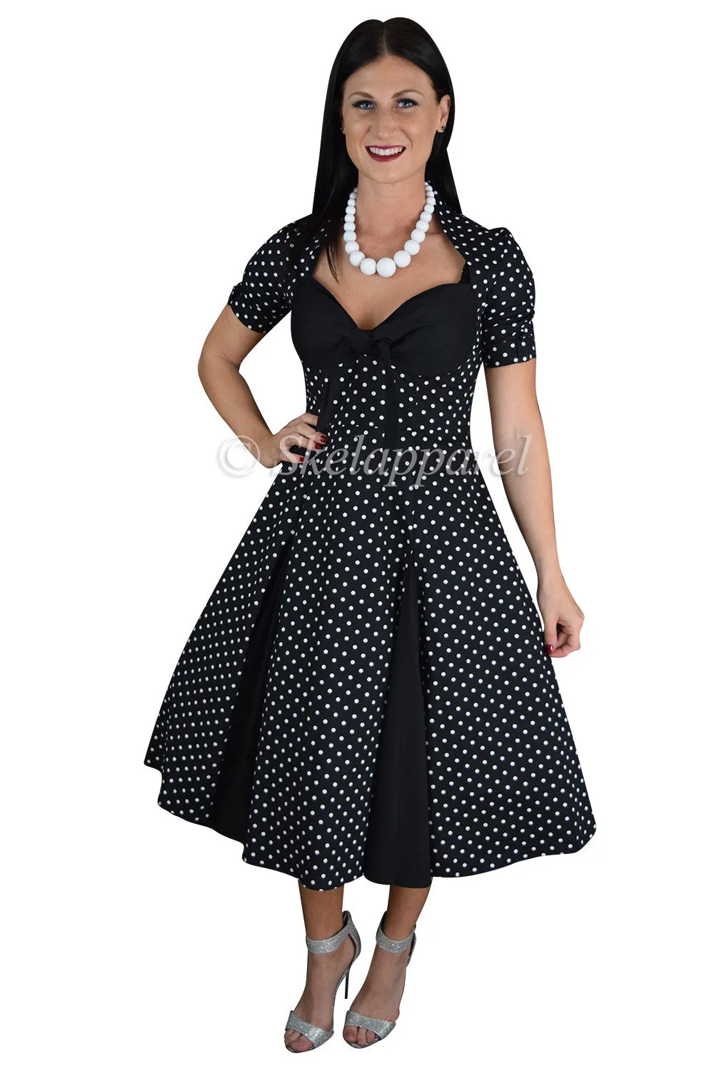 Retro Vintage Inspired Polka Dot Black Party Swing Dress - Black