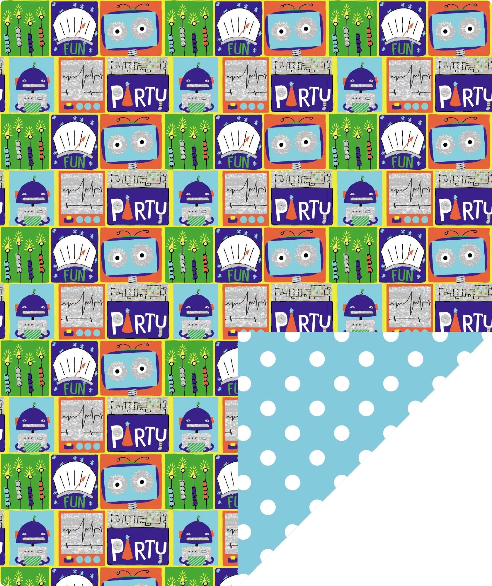 Robot Birthday Wrapping Paper wtih Blue Polka Dot on Reverse
