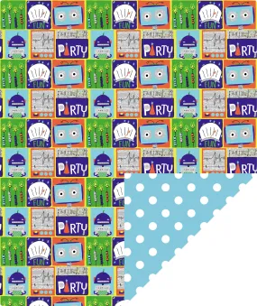 Robot Birthday Wrapping Paper wtih Blue Polka Dot on Reverse