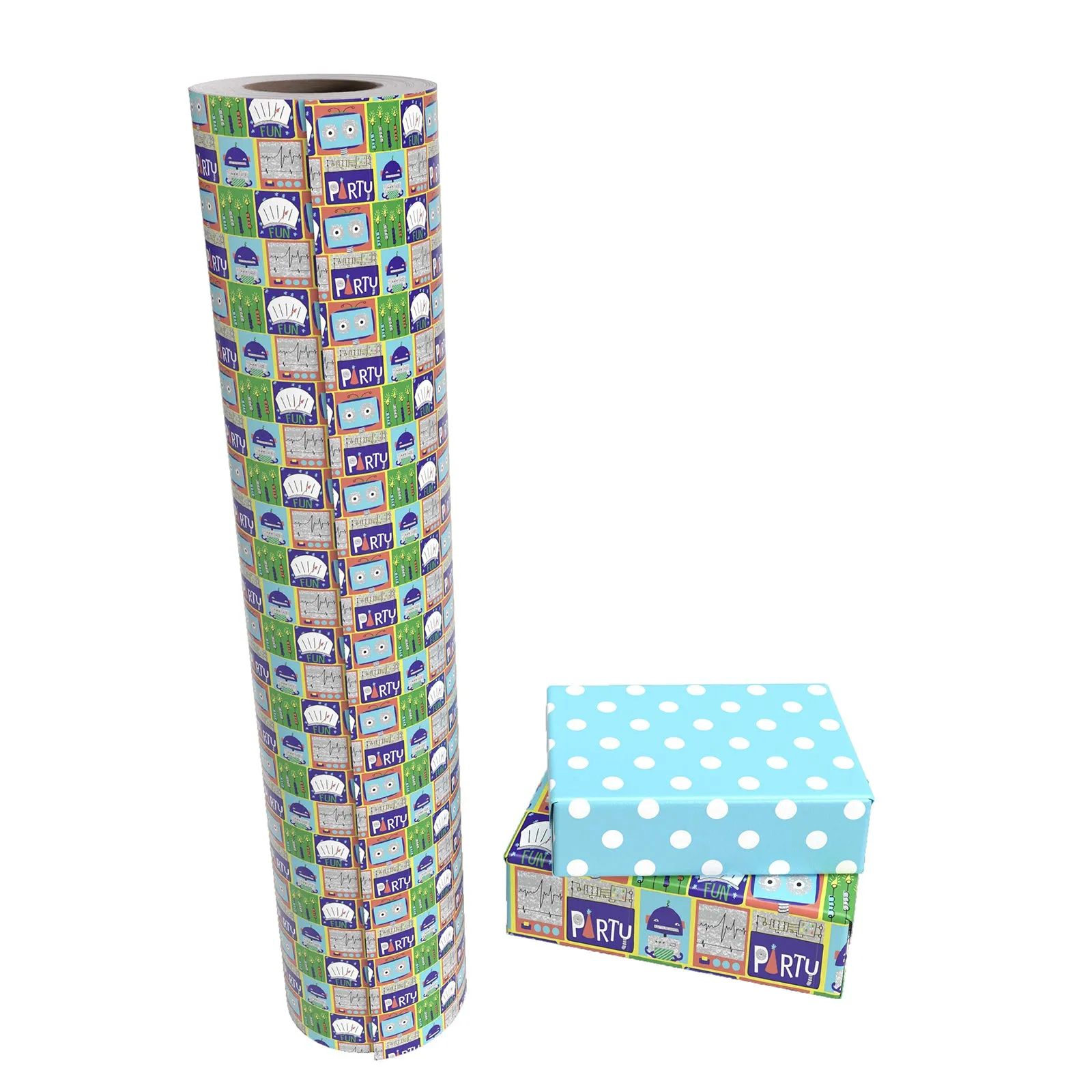 Robot Birthday Wrapping Paper wtih Blue Polka Dot on Reverse