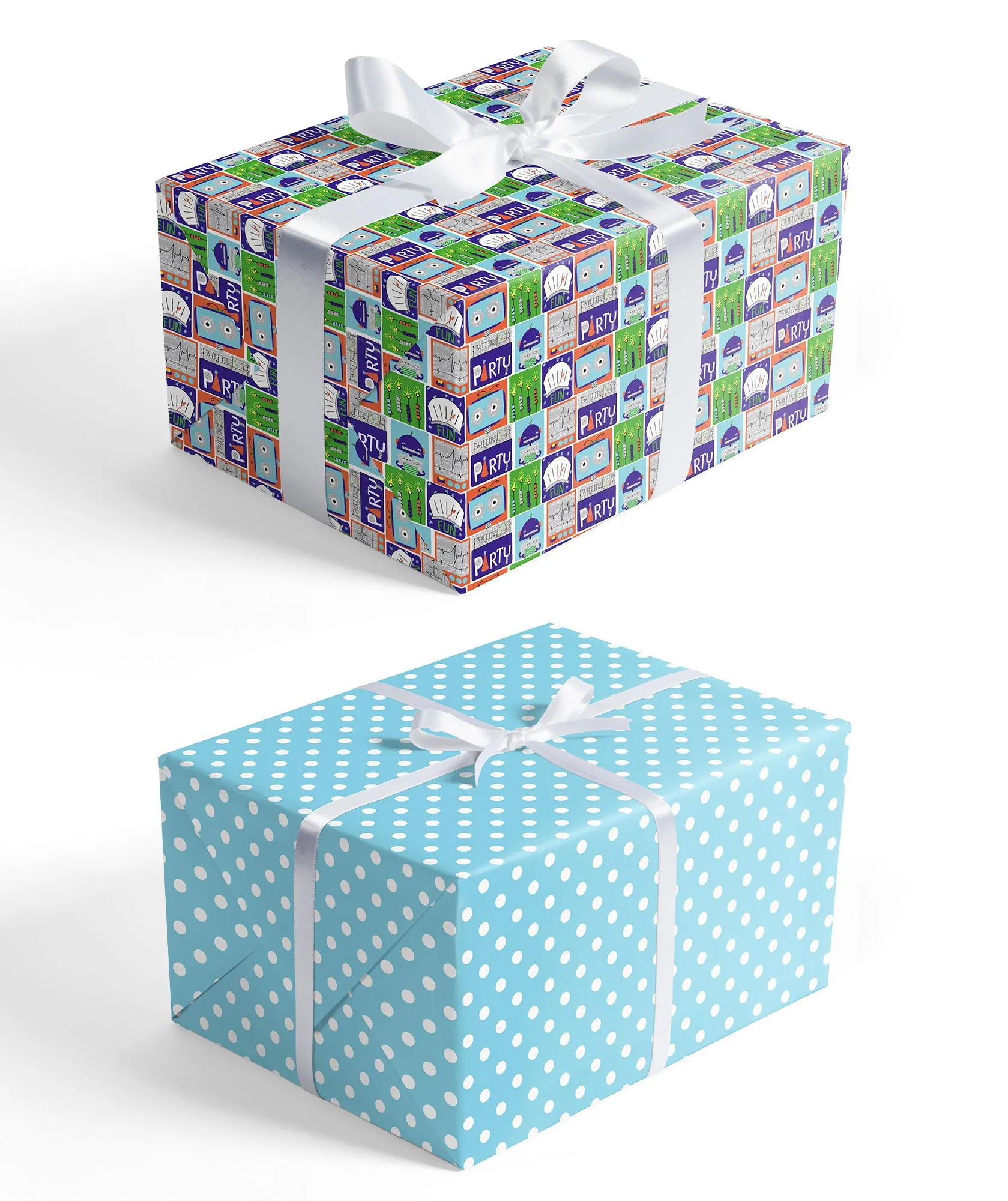 Robot Birthday Wrapping Paper wtih Blue Polka Dot on Reverse
