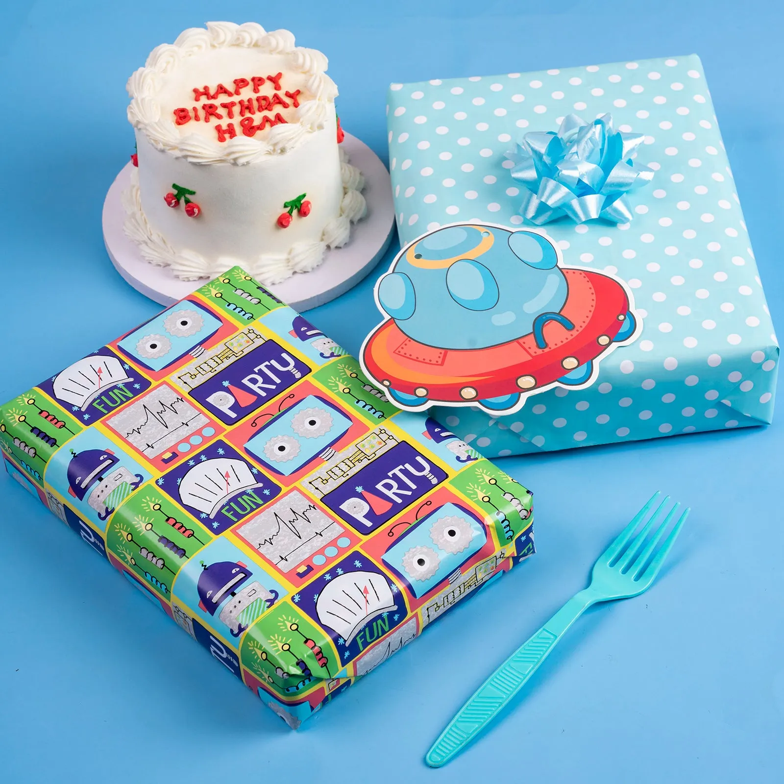 Robot Birthday Wrapping Paper wtih Blue Polka Dot on Reverse