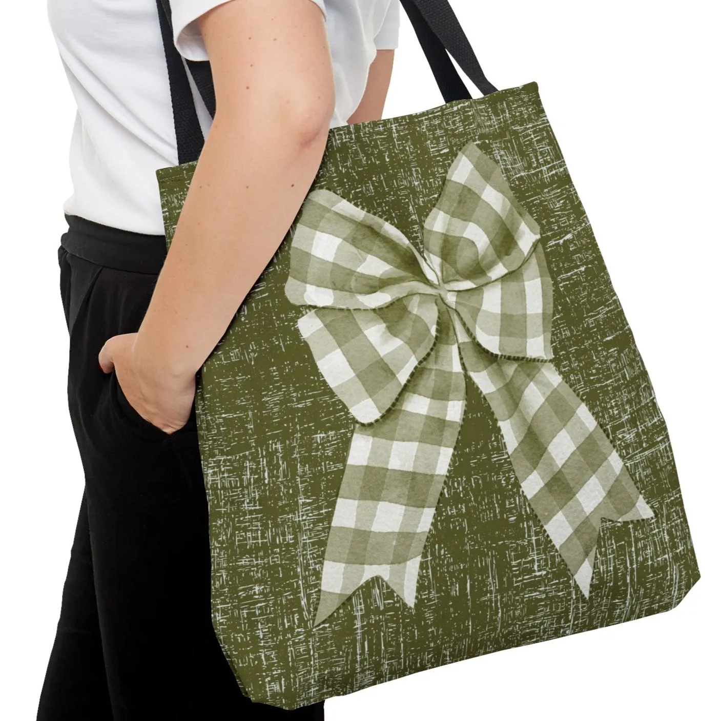 Sage Green & White Checked Bow Large Tote Bag: Elegant Sage Accents