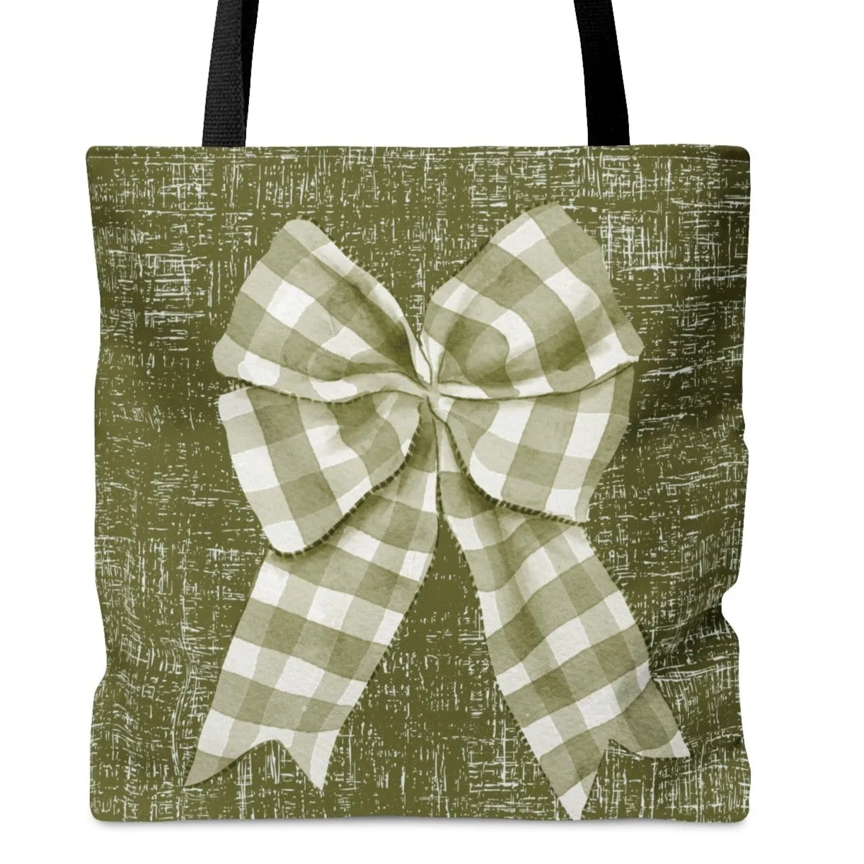 Sage Green & White Checked Bow Large Tote Bag: Elegant Sage Accents