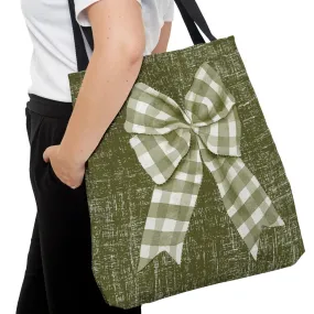 Sage Green & White Checked Bow Large Tote Bag: Elegant Sage Accents