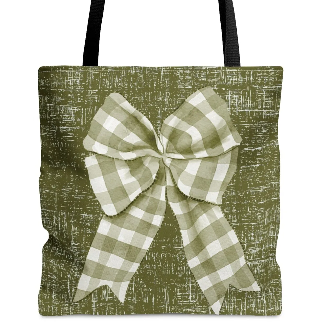 Sage Green & White Checked Bow Large Tote Bag: Elegant Sage Accents