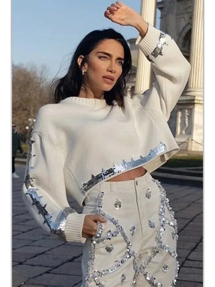 Sparkling Sequin Knit Cropped Sweater for Women