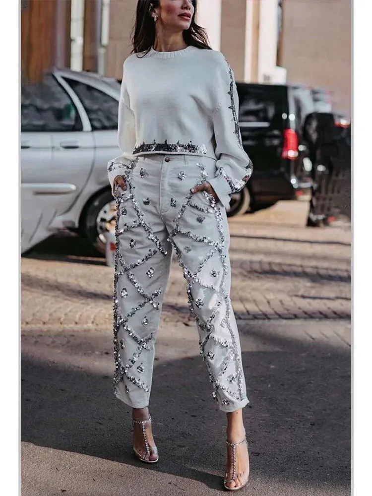 Sparkling Sequin Knit Cropped Sweater for Women