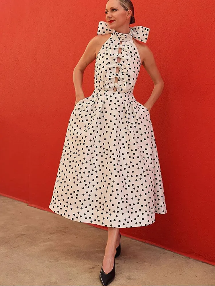 UAKISS  -  Vintage Polka Dot Printed Bow Hollow Halter Lace-up Dress Elegant Off Shoulder Backless A-line Dresses 2024 New Lady Party Robes