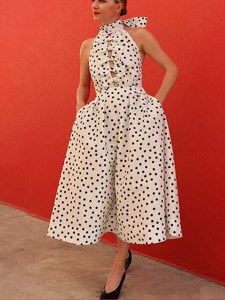 UAKISS  -  Vintage Polka Dot Printed Bow Hollow Halter Lace-up Dress Elegant Off Shoulder Backless A-line Dresses 2024 New Lady Party Robes
