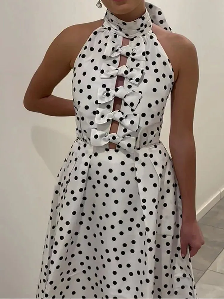 UAKISS  -  Vintage Polka Dot Printed Bow Hollow Halter Lace-up Dress Elegant Off Shoulder Backless A-line Dresses 2024 New Lady Party Robes