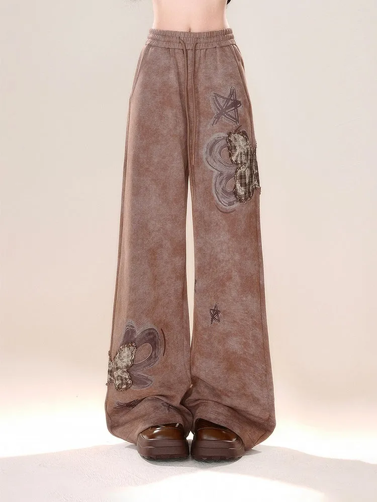 Wide-leg Applique Plaid Cut Brown Butterfly Pants