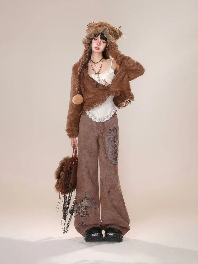 Wide-leg Applique Plaid Cut Brown Butterfly Pants