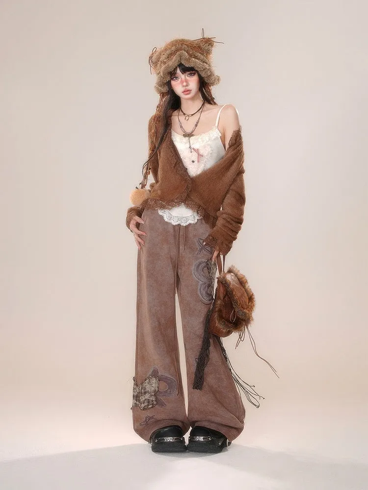 Wide-leg Applique Plaid Cut Brown Butterfly Pants